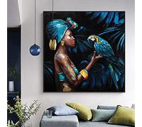 XZCNDF Dipinti di arte moderna Donna africana Gioca Parrot Stampe su tela Wall Art Quadri astratti per soggiorno Arredamento d'interni 50x50cm Frameless