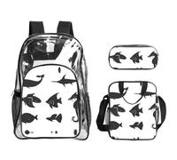 XZDAL Set di zaino in PVC trasparente bianco e nero con pesci, borsa portapranzo, astuccio leggero, per viaggi e lavoro