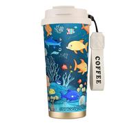 XZDAL Tazza da caffè in acciaio inox 316 blu subacqueo World of Fish bianco con coperchio e cannuccia per ufficio e sport
