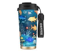 XZDAL Tazza da caffè in acciaio inox 316 blu subacqueo World of Fish nero con coperchio e cannuccia per ufficio e sport