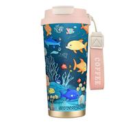 XZDAL Tazza da caffè in acciaio inox 316 blu subacqueo World of Fish rosa con coperchio e cannuccia per ufficio e sport