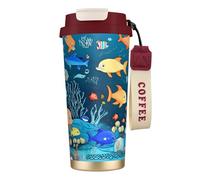 XZDAL Tazza da caffè in acciaio inox 316 blu subacqueo World of Fish rosso con coperchio e cannuccia per ufficio e sport