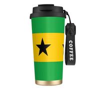 XZDAL Tazza da caffè in acciaio inox 316 con bandiera di Sao Tomé e Principe, nera, con coperchio e cannuccia, per ufficio e sport