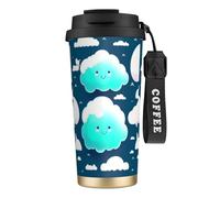 XZDAL Tazza da caffè in acciaio inox 316 con due nuvole timide nero con coperchio e cannuccia per ufficio e sport