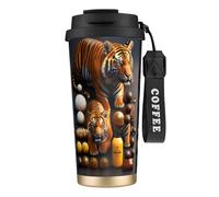 XZDAL Tazza da caffè in acciaio inox 316 con due tigri, colore nero, con coperchio e cannuccia, per ufficio e sport