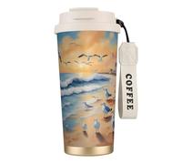 XZDAL Tazza da caffè in acciaio inox 316 con uccellini sulla spiaggia bianca con coperchio e cannuccia per ufficio e sport