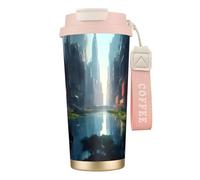 XZDAL Tazza da caffè in acciaio inox 316 "La città sull'acqua" rosa con coperchio e cannuccia per ufficio e sport