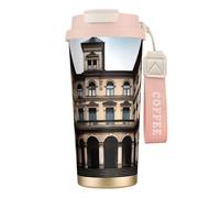 XZDAL Tazza da caffè in acciaio inox 316 Old Architecture rosa con coperchio e cannuccia per ufficio e sport