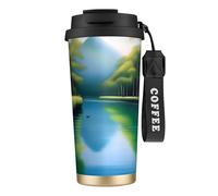 XZDAL Tazza da caffè in acciaio inox 316 Serene Waters nero con coperchio e cannuccia per ufficio e sport