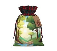 XZDCAL Nature Adventure, sacchetto regalo in iuta con coulisse, con tessuto tartan e etichetta in carta kraft, per festival e occasioni speciali, Nero , M