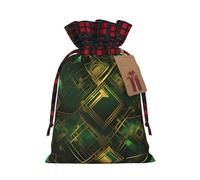 XZDCAL Sacchetto regalo in iuta con coulisse, motivo scozzese nero e verde, con etichetta in carta kraft, per festival e occasioni speciali, Nero , M