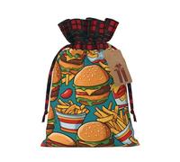 XZDCAL Simpatico sacchetto regalo in iuta con coulisse, per hamburger e patatine fritte, in tessuto tartan e etichetta in carta kraft, per festival e occasioni speciali, Nero , M