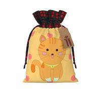 XZDLXJ simpatico cartone animato gattino coulisse borsa di iuta con tessuto plaid e etichetta in carta kraft, Nero , M