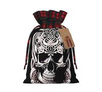 XZDLXJ Teschio con decorazioni Borsa in iuta con coulisse con tessuto scozzese e etichetta in carta kraft