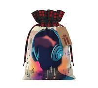 XZDLXJ Una borsa in iuta con coulisse Music Vibes con tessuto scozzese e etichetta in carta kraft, Nero , M