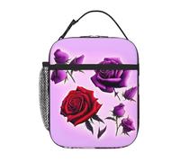 XZDZWK Borsa termica per il pranzo con rose rosse e viola, con tasche laterali in rete e tasche multiple, adatta per l'ufficio e i viaggi
