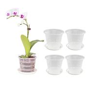 XZJMY Confezione da 5 vasi per orchidee, vasi per orchidee da 10,9 cm, con fori e piattini, in plastica trasparente, traspiranti e scanalati (bianco)