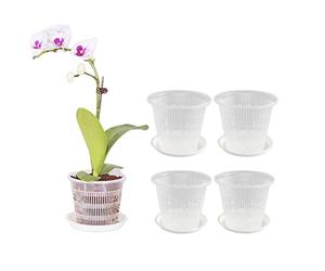 XZJMY Confezione da 5 vasi per orchidee, vasi per orchidee da 10,9 cm, con fori e piattini, in plastica trasparente, traspiranti e scanalati (bianco)