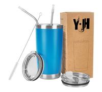 Y·J&H Y·JH 20oz (550ml) Bicchiere da viaggio Tazza da caffè a doppia parete isolata sottovuoto Tazza da caffè in acciaio inossidabile con 2 coperchi antispruzzo, 2 cannucce, senza BPA - Blu Cielo
