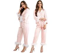 Y WJing Yi Jia Pigiama con piume per le donne in raso di seta pigiama set lungo da donna 2 pezzi pigiama da sposa damigella d'onore set pigiama da sposa abbottonatura pigiami da sposa loungewear
