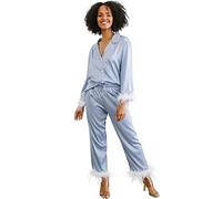 Y WJing Yi Jia Pigiama con piume per le donne in raso di seta pigiama set lungo da donna 2 pezzi pigiama da sposa damigella d'onore set pigiama da sposa abbottonatura pigiami da sposa loungewear, Blu