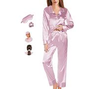 Y WJing Yi Jia Pigiama da donna in raso di seta, set da 2 pezzi, pigiama da sposa, con bottoni, pigiama da damigella d'onore, abbigliamento da casa, con maschera per gli occhi e elastici 3 in 1,