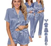 Y WJing Yi Jia Set pigiama da donna in raso di seta, 6 pezzi, con bottoni, Blu polvere., XXL