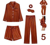 Y WJing Yi Jia Set pigiama da donna in raso di seta da 5 pezzi, set pigiama lungo con bottoni, acero, XXL