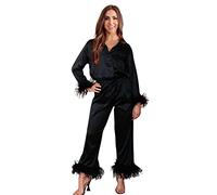 Y WJing Yi Jia - Set pigiama in seta satinata per donne, 2 pezzi, con piume, a maniche lunghe, per damigelle d'onore, sposa, con bottoni, per matrimoni, pigiama da sposa, abbigliamento da notte