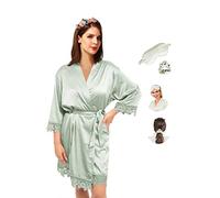 Y WJing Yi Jia Vestaglia da donna kimono vestaglia da sposa in seta accappatoio in raso camicia da notte stile corto mattutino vestaglie con finiture in pizzo Dimensioni:, Salvia, Taglia unica