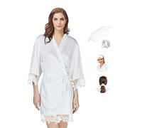 Y WJing Yi Jia Vestaglia da donna kimono vestaglia da sposa in seta accappatoio in raso camicia da notte stile corto mattutino vestaglie con finiture in pizzo Dimensioni:, bianco, Taglia unica