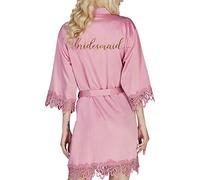 Y WJing Yi Jia Vestaglia da sposa da donna kimono in raso damigella d'onore abiti da festa di nozze abito da sposa abito mattutino abiti di seta finiture in pizzo vestaglia di seta monogrammi, Rosa