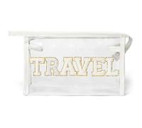 Y1tvei Beauty case trasparente da viaggio, in ciniglia bianca, con lettere varsity in PVC trasparente, grande, portatile, impermeabile, organizer per articoli da toeletta, borsa da spiaggia da donna