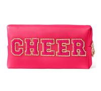 Y1tvei Cheer - Grande trousse per cosmetici, in ciniglia, con toppa preppy, in ciniglia, borsa per il trucco, in pelle PU, impermeabile, portatile, organizer da viaggio per ragazze cheerleader (rosso
