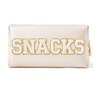 Y1tvei Grande borsa per cosmetici, in ciniglia, con merenda, bianca, in ciniglia, con lettere, trousse per trucchi, in pelle PU, impermeabile, con cerniera, borsa da viaggio, organizer per cosmetici,