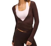 Y2k Ballett Wrap Top da donna a maniche lunghe, profondo scollo a V, slim fit, yoga, pilates, balletto, allenamento, sexy, opaco, morbido, tinta unita, abbigliamento da danza, B01 Caffè, L