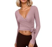 Y2k Ballett Wrap Top da donna a maniche lunghe, profondo scollo a V, slim fit, yoga, pilates, balletto, allenamento, sexy, opaco, morbido, tinta unita, abbigliamento da danza, F01 rosa chiaro, M