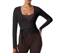 Y2k Ballett Wrap Top da donna a maniche lunghe, profondo scollo a V, slim fit, yoga, pilates, balletto, allenamento, sexy, opaco, morbido, tinta unita, abbigliamento da danza, E01 nero, M