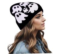 Y2K Beanie Ghost Pattern Fibre acriliche Cappello di Halloween a maglia, Grunge Unisex Emo Beanie, Creed Crochet Crochet inverno caldi Accessori Halloween per regalo adolescente, nero, berretti Y2K