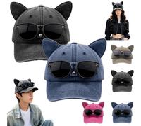 Y2K Cat Ear Trucker Hat with Detachable Sunglasses,Adjustable Snapback