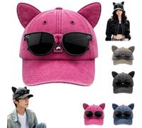 Y2K Cat Ear Trucker Hat with Detachable Sunglasses,Adjustable Snapback