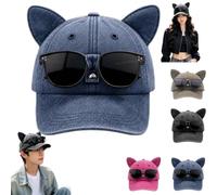 Y2K Cat Ear Trucker Hat with Detachable Sunglasses,Adjustable Snapback