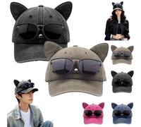 Y2K Cat Ear Trucker Hat with Detachable Sunglasses,Adjustable Snapback
