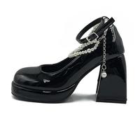 Y2K Chunky Platform High Heels Pumps Women Summer Fashion Patent Leather Black White Lolita Shoes Woman Pearl Ankle Straps Pumps, Nero , 40 EU