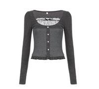 Y2K Corsetto a ma Lunghe alla Moda Dolce estetica Grigio con Finiture in Pizzo Bottoni Patchwork T-Shirt Basic Camicetta da Donna Top-Grigio-S