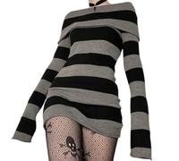 Y2K Maglione a Righe Mini Abito Mall Goth Grunge Emo Aderente Chic Donna Spalle Scoperte Manica Intera Abiti Slim Fit Anni '00 Vintage-Nero-M