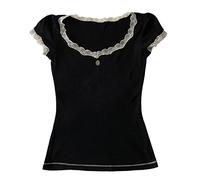 Y2k Manica Lunga Pizzo Crop Top Fairy Grunge Tee Shirt Patchwork Slim Fit T-Shirt Carino Kawaii Estetica Streetwear Falso 2 Pezzi Top, Nero-b, M