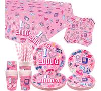 Y2K Party Supplies - Stoviglie per feste anni '2000, piatti da cena, piatti da dessert, bicchieri, tovaglioli, cannucce per ragazze e donne anni '00, forniture per feste di compleanno rosa, per 20