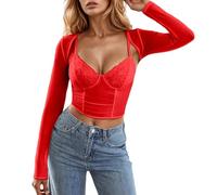 Y2K Pizzo Crop Top Patchwork a maniche lunghe Elegante Estetico Maglione Vintage Top Scollo Square Sweet Harajuku Slim Fit Aesthetic Streetwear da donna, RD1, XXL