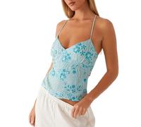 Y2K Sequin Cami Top - Sexy Deep V-Neck & Criss-Cross Back Halter with Beaded Detail, Glitter Party Top for Women (Festival/Clubwear) - Machine Washable Polyester (Blue,M)